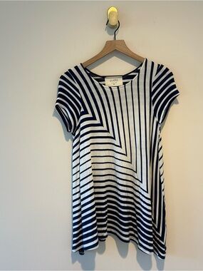 Puella Anthropologie Asymmetrical  Navy and White Striped Short Sleeve Top Bouse